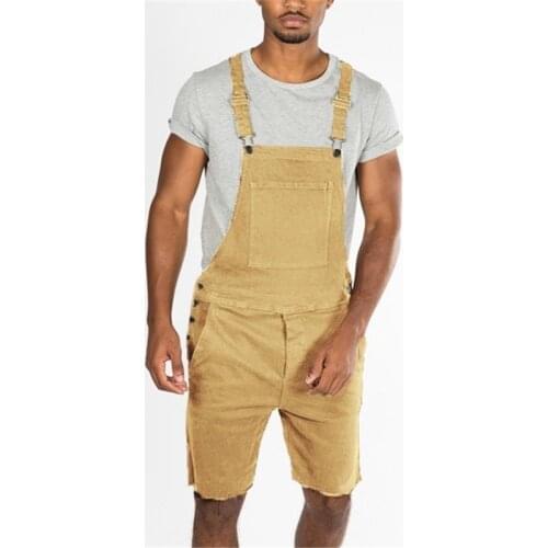 Vintage Ripped Khaki Mens Jeans Overall Shorts Fashion High Street Distressed Black Suspender Denim Short Pants Plus Size