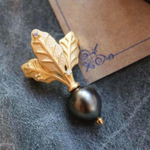UBESTNICE 925 Sterling Silver Natural Tahitian Black Pearls Leaf Gold Plated Trendy Office Brooches For Women Gift Fine Jewelry