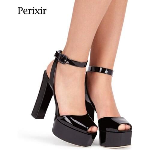 Perixir Design Women Sandals Peep Toe Thick Heel Platform Buckle Strap Footwear Dress Pumps Shiny Glitter Lady Shoes In Summer