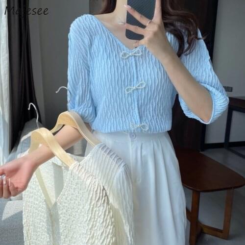 Shirts Women Lovely V-neck Bow Korean Style Tender Elegant Short Sleeve Chic Summer Pure Simple Lady Leisure All-match Female