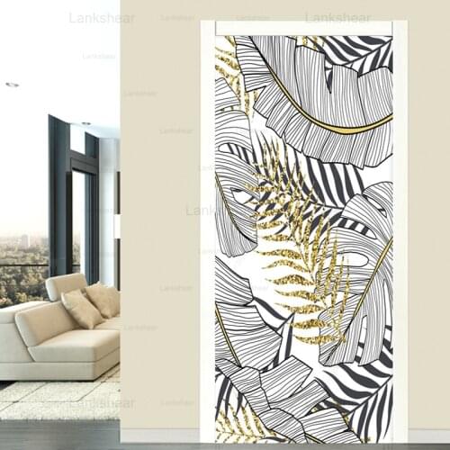 3D Door Sticker Tropical Plant Golden Line Pvc Self-Adhesive Waterproof Wallpaper Living Room Home Decor Wall Art 3D Stickers