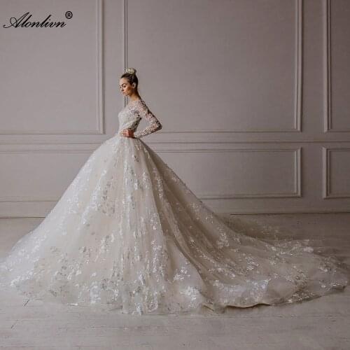 Alonlivn Luxury Beaded Pearls Ball Gown Wedding Dress Elegant O-Neck Flower Appliques Full Sleeves Bridal Gowns Robe De Mariee