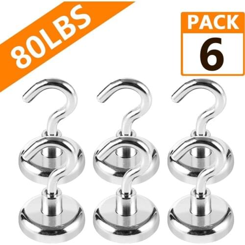 Big sale! 6PCS Neodymium magnet Hook 32mm Max 36kg super Power Strong Mini Magnetic Home Kitchen Wall Hold fridge Hanger Hanger