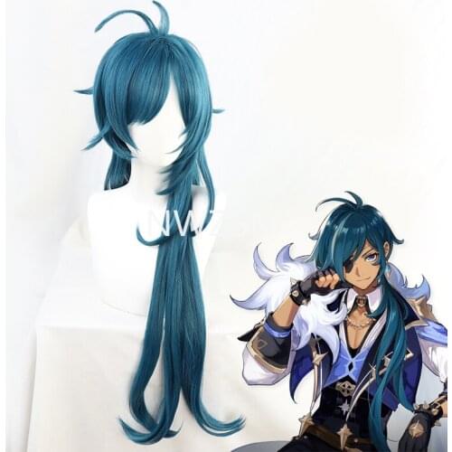 Genshin Impact Kaeya Green Blue Wavy Long Cosplay Heat Resistant Synthetic Hair Halloween Carnival Party + Free Wig Cap
