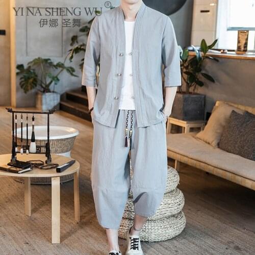 Chinese Style Kimono Suit Men Kimono Traditional Male Kimono Cardigan Men Harajuku Streetwear Samurai Costume Yukata Male Haori