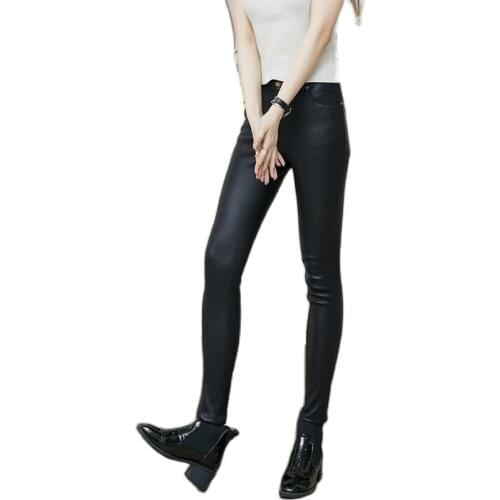 Leather Stretch Pants Womens Spring Autumn Slim Genuine Sheepskin Pants OL Ankle-Length Trousers Women Skintight Pencil Pants