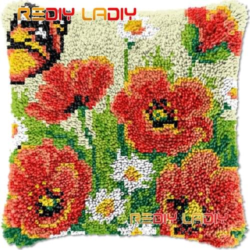 Latch Hook Cushion Poppies & Butterfly DIY Needlepoint Kits Chunky Acrylic Yarn Arts Crocheting Lofty Pillow Case Hobby & Crafts