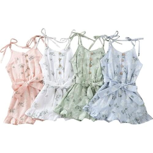 Wallarenear 0-5Years Toddler Baby Girl Summer Romper Flowers Printed Ruffles Strap Sleeveless Single Breasted Jumpsuit
