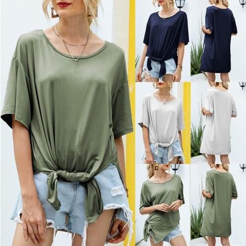 Summer T-Shirt Sportswear Womens Solid Color O-Neck Short-Sleeved Casual Side Split Long Top
