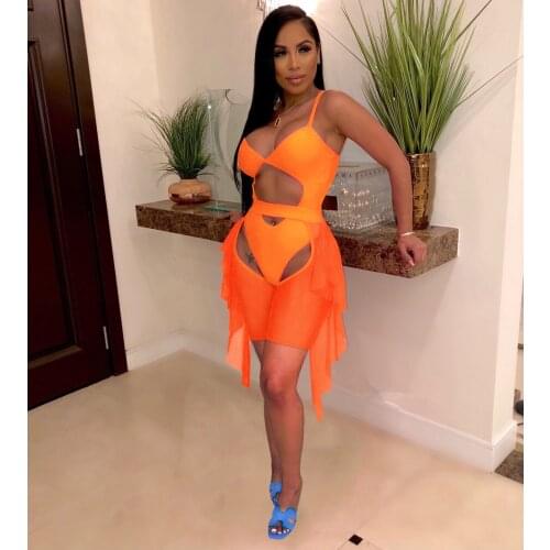 Summer Outfits Sexy Women Spaghetti Strap Bodycon Mesh Sheer Two Piece Bikini Set Swimwear Bodysuit Hollow Biker Shorts Swimsuit