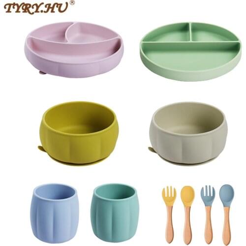 New Silicone Feeding Set Pumpkin Bowl Dinner Plate Tableware Cup Waterproof Spoon Non-Slip BPA Free Silicone Portable Tablewar