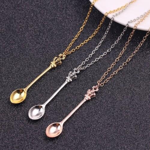 Charm Tiny Tea Spoon Shape Pendant Necklace with Crown for Women 3 Colors Creative Mini Long Link Chain Jewelry Accessories New