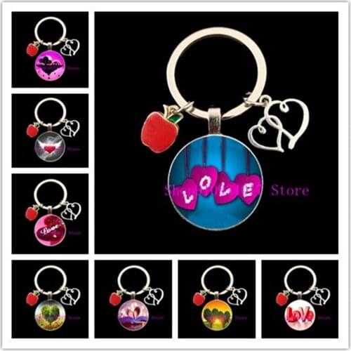 Valentines Day Gift Love Heart Round Glass Keychain I Love You Men and Women Apple Love Pendant Decoration Keychain