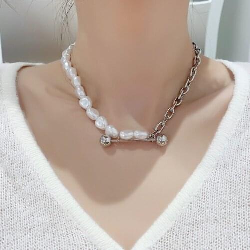Origin Summer Hyperbole Irregular Pearl Chunky Curb Chain Pendant Necklace for Women Fashion Round Beads Word Stick Necklace