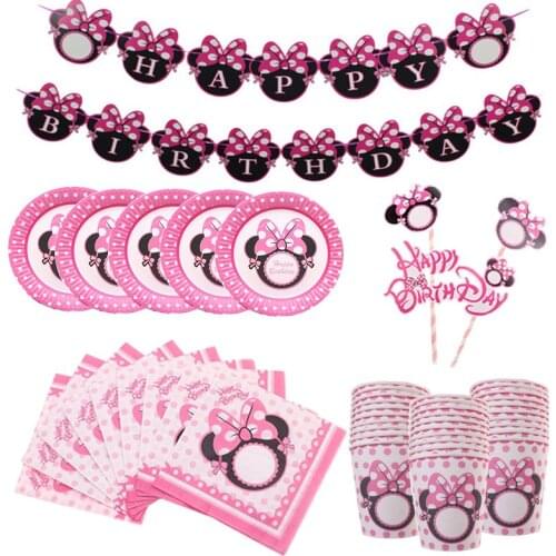 Cartoon Pink Minnie Mouse Theme Disposable Tableware set Baby Boys Girls Birthday Party supplies Paper Plates Cups Napkins Flags