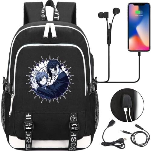 Anime Black Butler Schoolbag USB Mens And Womens Leisure Backpack Cosplay Kuroshitsuji Shoulder Laptop Bags