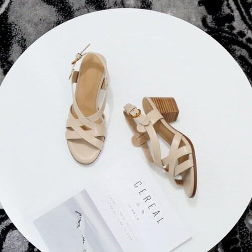 Genuine Cow Leather Sandals For Women Shoes 2021 Summer Open-Toed Mid-Heel Retro Roman Sandals Women Shoes High Heels