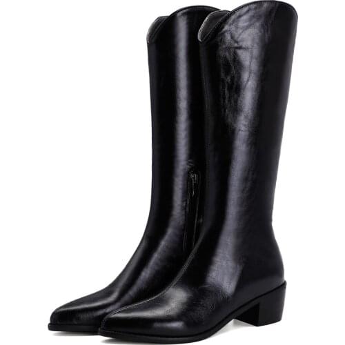 Square Heel Round Toe V-Shaped Boots Knee-Length Boots, Side Zipper PU Autumn And Winter Short Plush Warm White Womens Boots