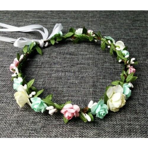 Rustic Flower Hair Garland Woodland Wedding Crowns for the Bride Women Basket Girls Pastel Pink Green Ivory Hair Accessory