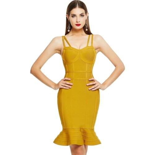 Autumn New Fashion Sexy Spaghetti Straps Backless Red Yellow Mid Bodycon Bandage Dress 2020 Elegant Femal Knitted Elastic Party