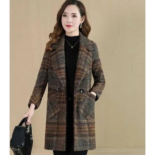 New Autumn Winter Fashion Plaid Woolen Coat Women Korean Casual Long Elegant Woolen Coats Womens Double-breasted Plus Size 5XL