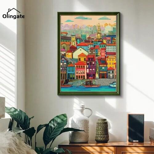 Nordic Colorful Vintage House Canvas Poster Cartoon City Landscape Wall Picture Print One Piece Canvas Art Home Living Room Deco