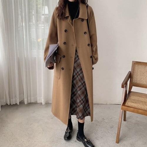 Korean Women Autumn Winter Double Breasted Long Wool Coat Ladies Long Sleeve Turndown Collar Overcoat Parka Jacket Vintage Y483