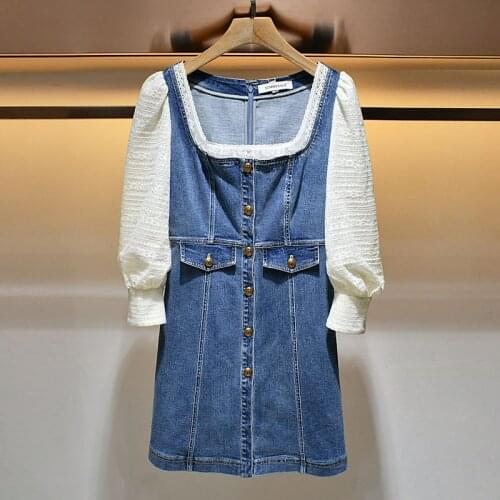 2021 spring womens n10b3802 lace side square neck mesh long sleeve splicing denim dress s210193