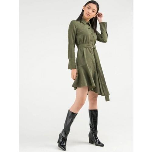 Women Vintage Sashes Ruffled Asymmetrical A-line Dress Long Sleeve Turn Down Collar Green Party Dress 2021 Autumn Fashion Dress