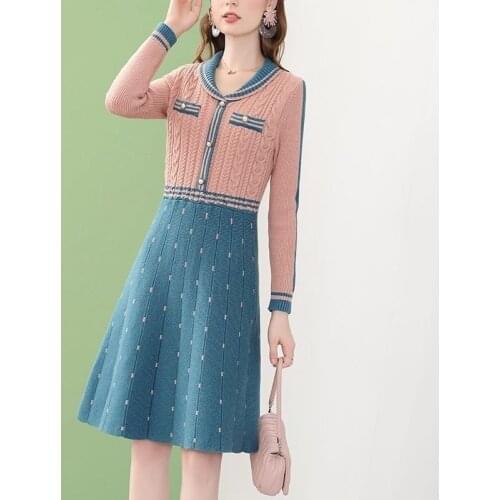 Women Knitting Dress Sweater Clothes Preppy Style 2021 New Patchwork Turn Collar Knee-length for Autumn Winter Vestido Feminino