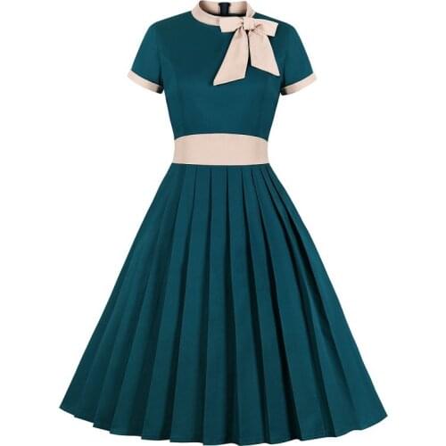 2020 New Autumn Women Vintage Dress Stand Neck Pleated Bow Big - Sized Cotton Blended Midi Dress Size S-4XL Style Number P80