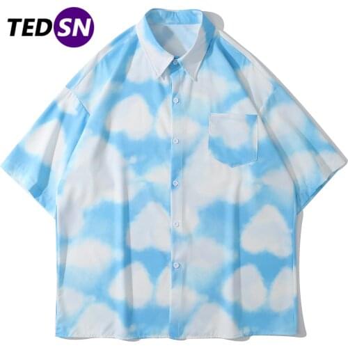 2021SS Summer Hawaiian Shirts Streetwear Hip Hop Blue Sky White Clouds Print Beach Shirt Harajuku Casual Tropical Holiday Tops