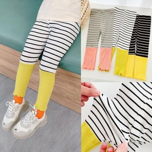 Height 90-120cm Childrens Clothing New Girl Korean Striped Color Matching Leggings Stretch Pants Cotton Trousers