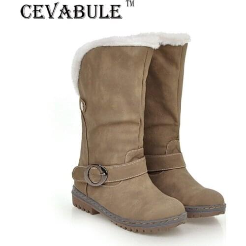 CEVABULE 2021 Belt Buckle Flat Heel Boots Short Snow Boots Large-size Boots Fur Women Knee High Boots Winter Boots Women TYX
