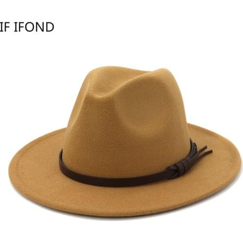Fedora Hats Men Wide Brim Winter Jazz Fedora Hat With Leather Elegant Lady Church formal Felted hats For Women