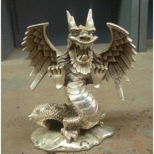 Lucky China Chinese Fengshui Silver Home Fly Dragon Statue Figure