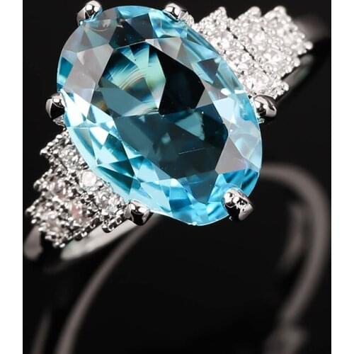 New Design Oval Light Blue Stone Ring Silver Plated Rhinestones Finger Rings for Women Girls Wedding Party Charm Jewelry Gift