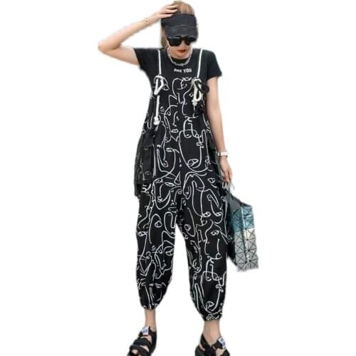 Casual Loose Women Oversized Overalls For Women Summer Wide Leg Pants Print Streetwear Suspender Trousers Plus Size Jumpsuits