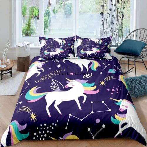Cartoons Lovely Unicorn Rainbow Bedding Set 2-3 Pieces Cute Queen King Size Girls Boys Comforter Duvet Cover Sets Home Textiles