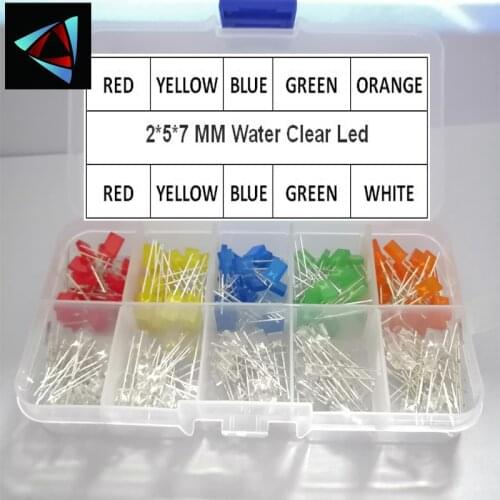 200Pcs/Lot 2*5*7MM Square LED Kit Primary Color Water Clear Red Blue Green Yellow Orange White DIY 257 Diode Pack