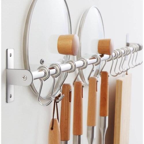 Wall Mounted Utensil Rack Stainless Steel Hanging Kitchen Rail With 8 Removable Hooks Hanger Organizer
