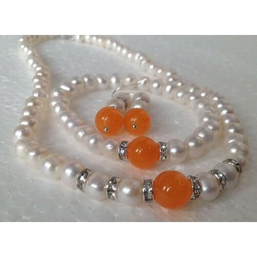 New fashion charming free shipping Real 7-8mm White Akoya Cultured Pear orange chalcedony bracelets necklace earrings set BV66