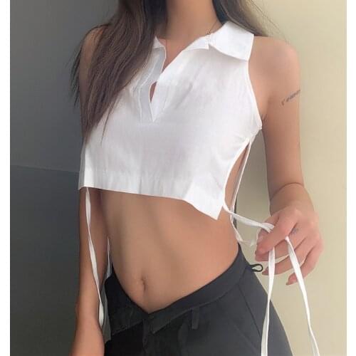 2021 Summer New Products Fashion Womens Sexy Waist Hollow Tether Sweet Y2k Slim Shirt Collar Vest Short Tank Top Women