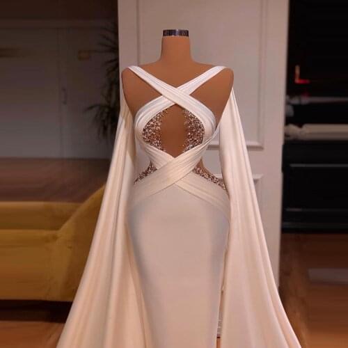 Sexy White Pageant Prom Dresses Criss Cross Mermaid With Train Sequins Beaded Long Women Evening Gowns Plus Size