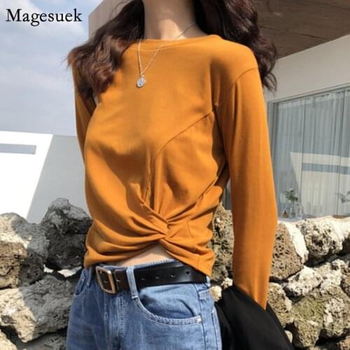 Casual Office Ladies Crop Top Spring 2021 Long Sleeve Solid Tee Cotton Woman T-shirts O Neck Short Sexy T Shirt Women Tops 13225