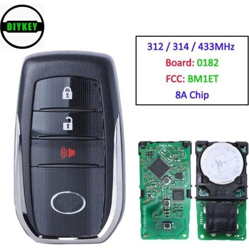 DIYKEY OEM Smart Remote Key for Toyota HILUX INNOVA FORTUNER SW4 3 Button Fob 312/314MHz / 433MHz 8A Chip FCC: BM1ET Board: 0182