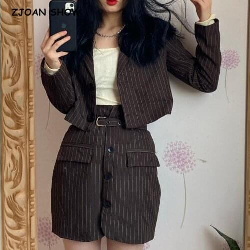 2021 CHIC Women Coffee Striped Short Cropped Blazer High Waist Center Buttons With Belt Mini Skirt Set 2 Pieces 1 Set Vintage