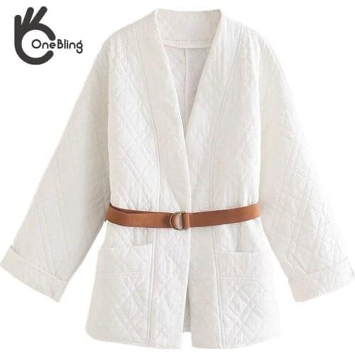 OneBling 2021 Za Woman Casual Traf Parkas Thin Style Autumn Winter Open Stitch Quilted Padded Jacket Patch Pockets Belted Coats