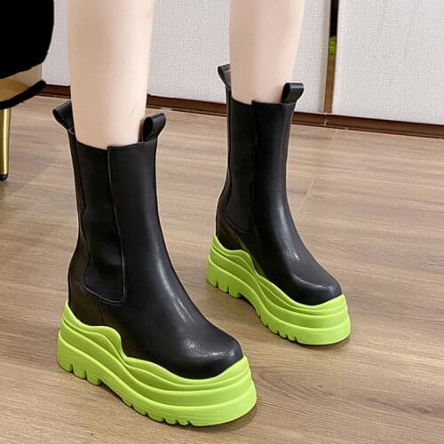 Rimocy 2021 Hidden Heels Platform Chelsea Boots Women Pu Leather Chunky Heel Mid Calf Boots Woman Slip on Waterproof Booties