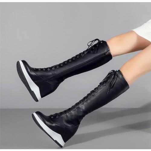 Winter Warm Pumps Shoes Women Genuine Leather Wedges High Heel Vulcanized Shoes Female Lace Up Straps Knee High Fashion Sneakers